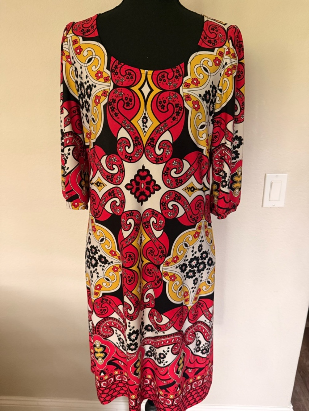INC International Concepts Red, Yellow & Black Paisley Medium Midi Dress